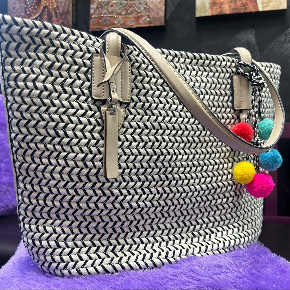 Vince Camuto Black Collie Corded Black and White Woven Tote Bag